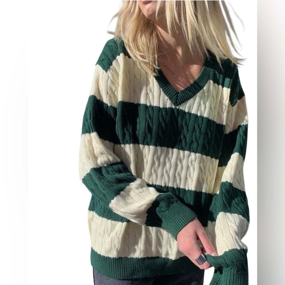 Brandy Melville Nikki Cable Knit Sweater Women XL Cotton Green White Oversized